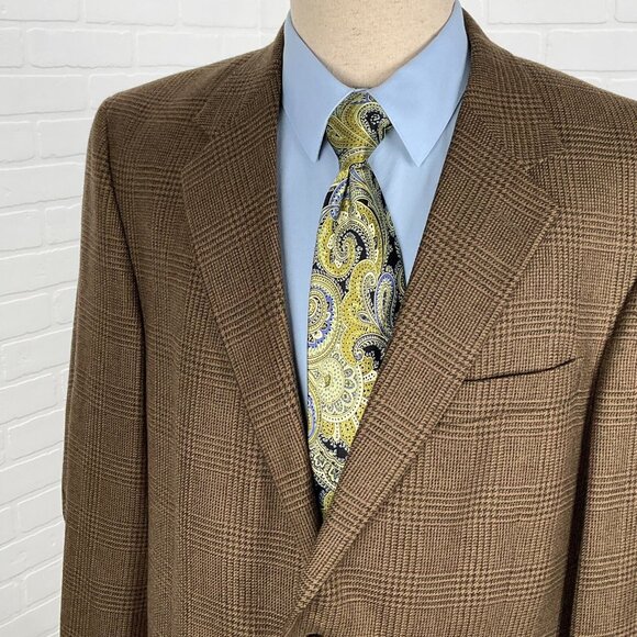 Evan Picone Blazer Men 43L Brown Green Purple Tan Plaid Wool Cashmere Jacket VTG - Picture 2 of 16